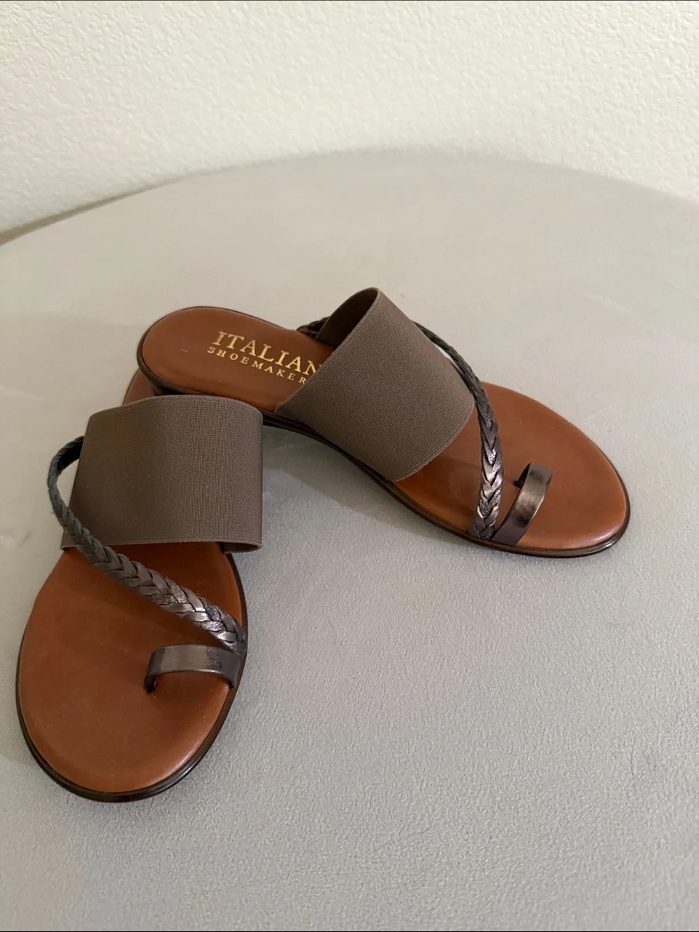 Italian Shoemakers Brown & Taupe Braided Toe-Loop Slide Sandals